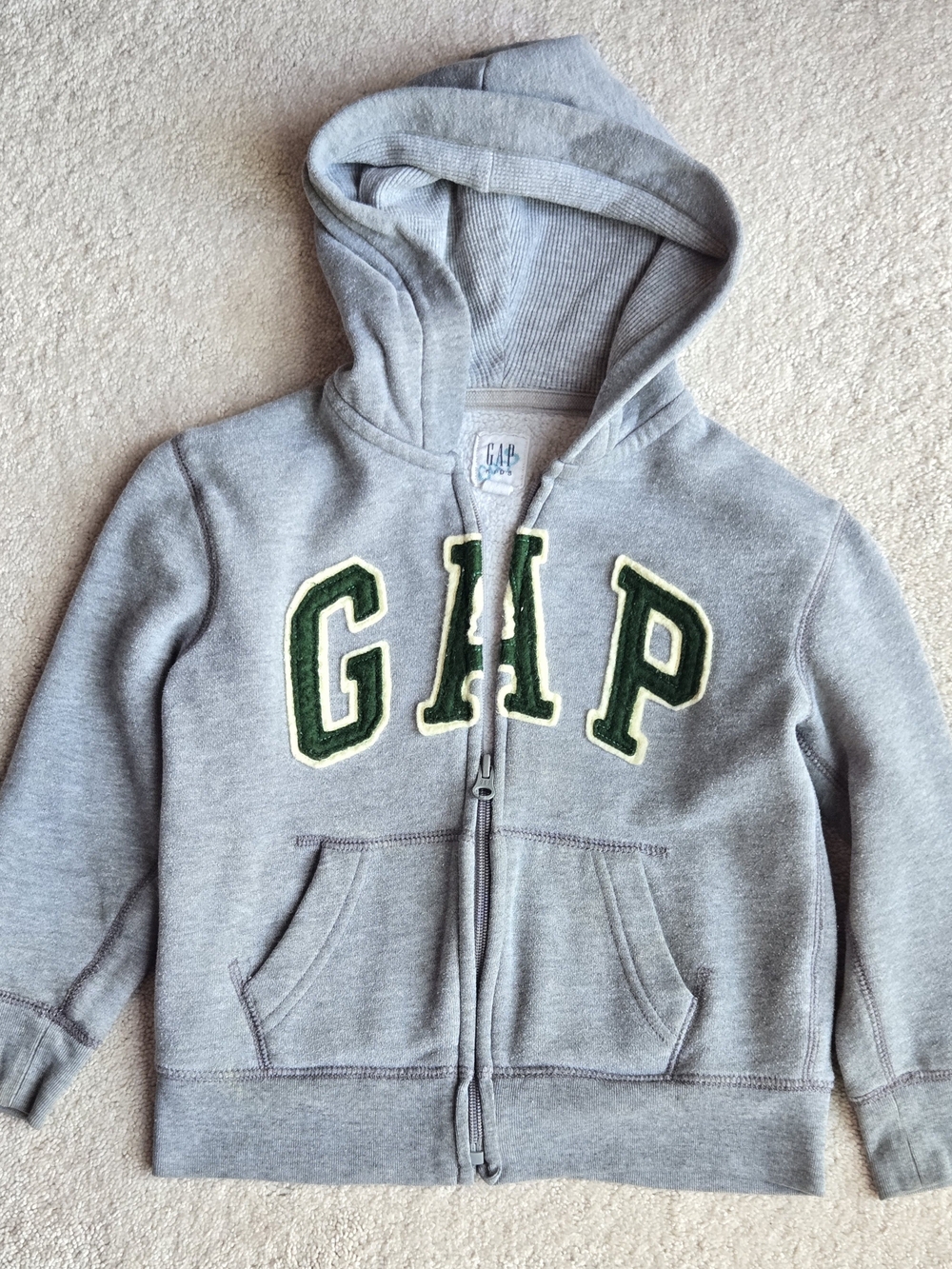 GAP Gray Zip Hoodie with Green Lettering and Cream Trim